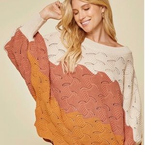 NWT Andree By Unit ColorBlock Cream/Mauve/Mustard 3/4 Sleeve Oversized Sweater L